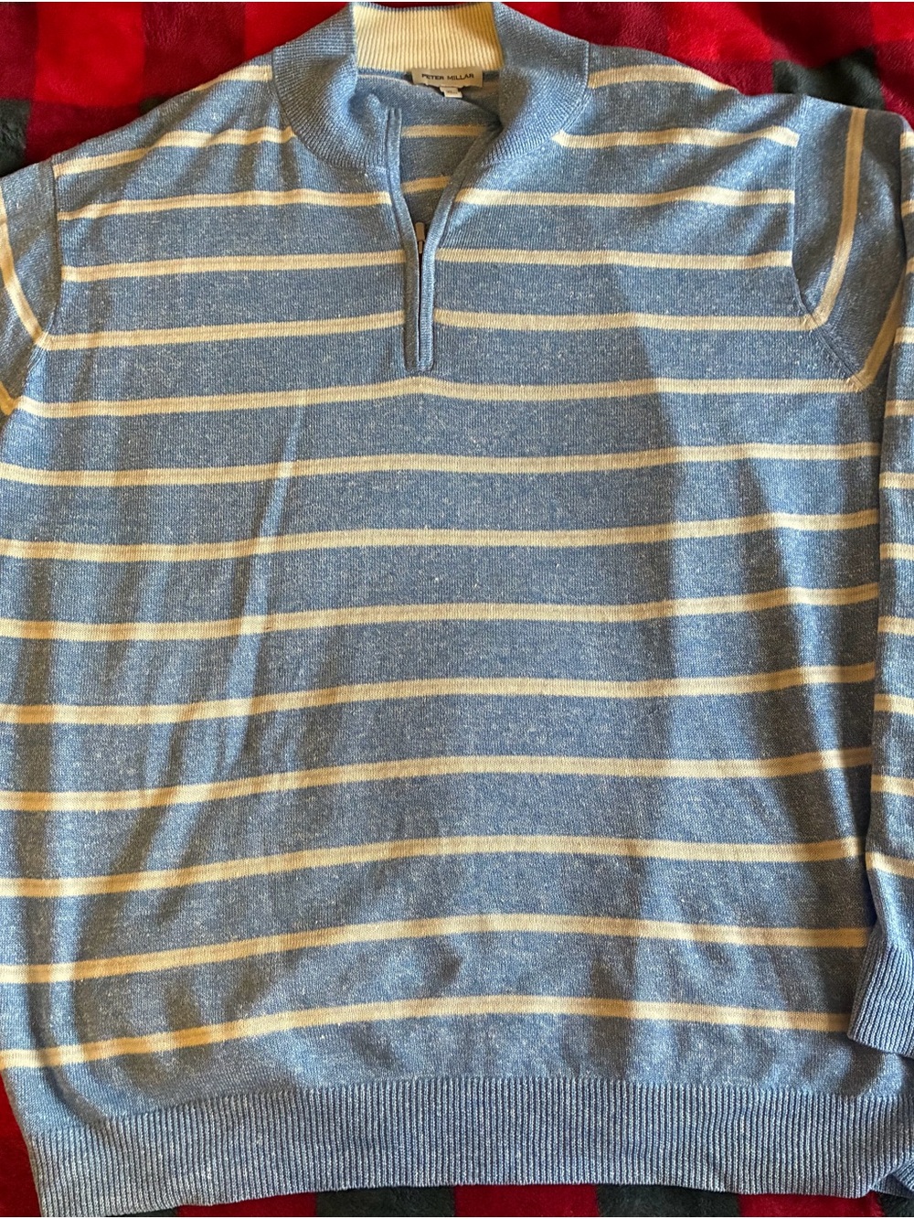 Peter Millar Light Blue Striped Half-Zip Crown Long Bay Linen/Wool Pullover